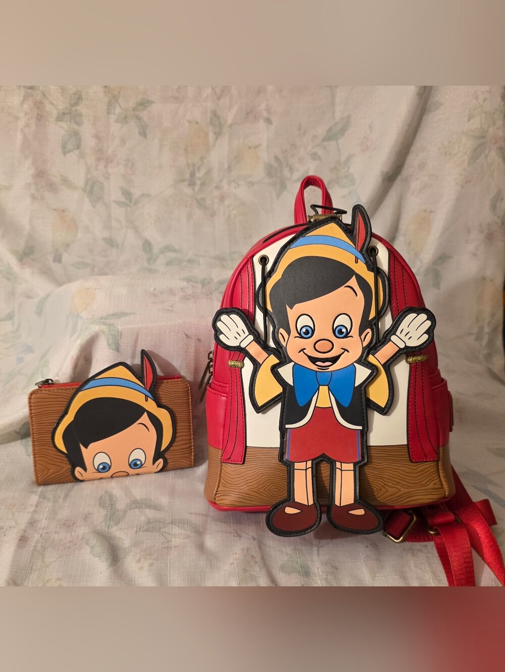 Pinocchio Character Backpack and Wallet Set in Red, Yellow, Blue